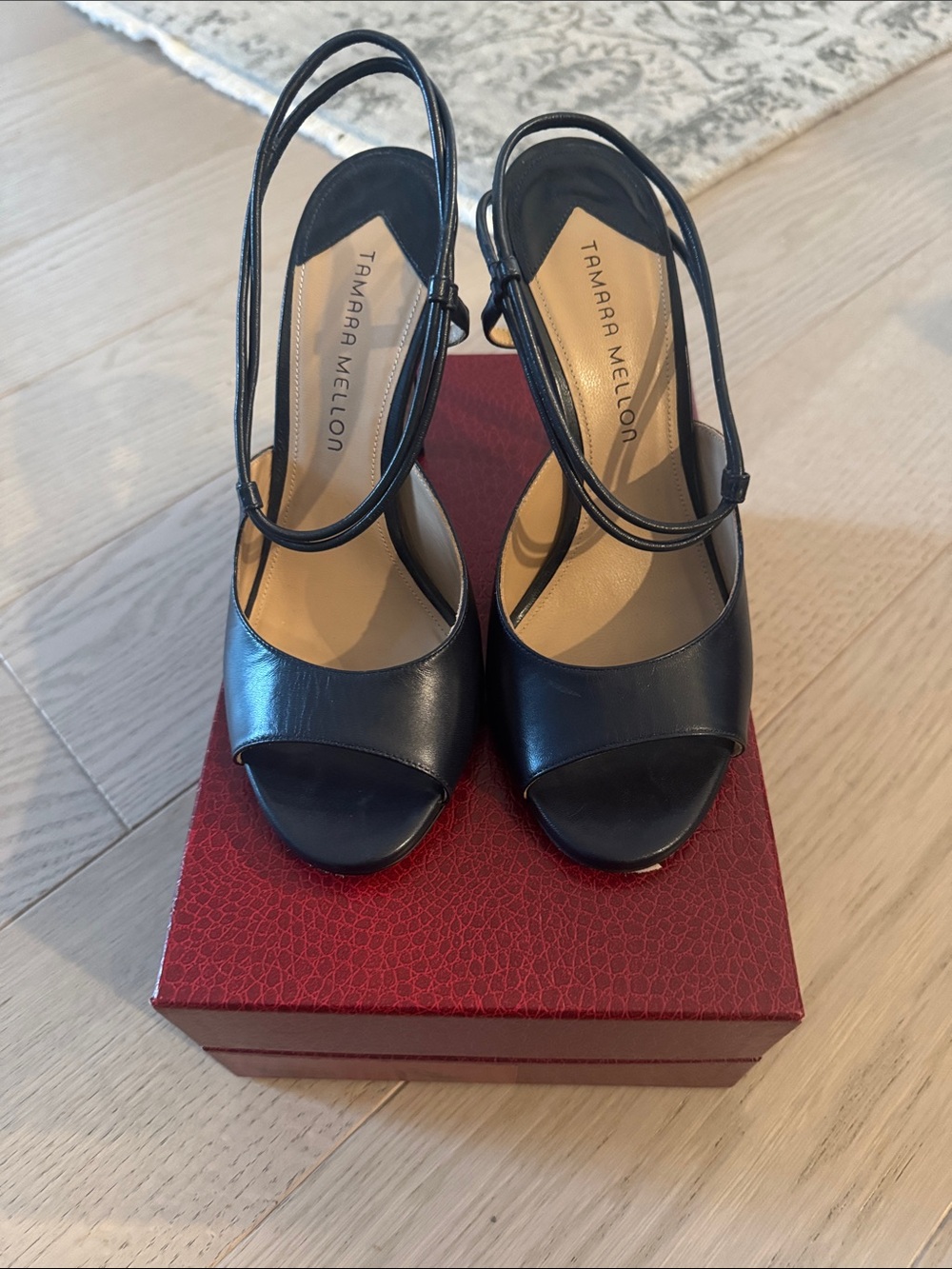 Tamara Mellon Black Leather Peep-Toe Slingback Heels